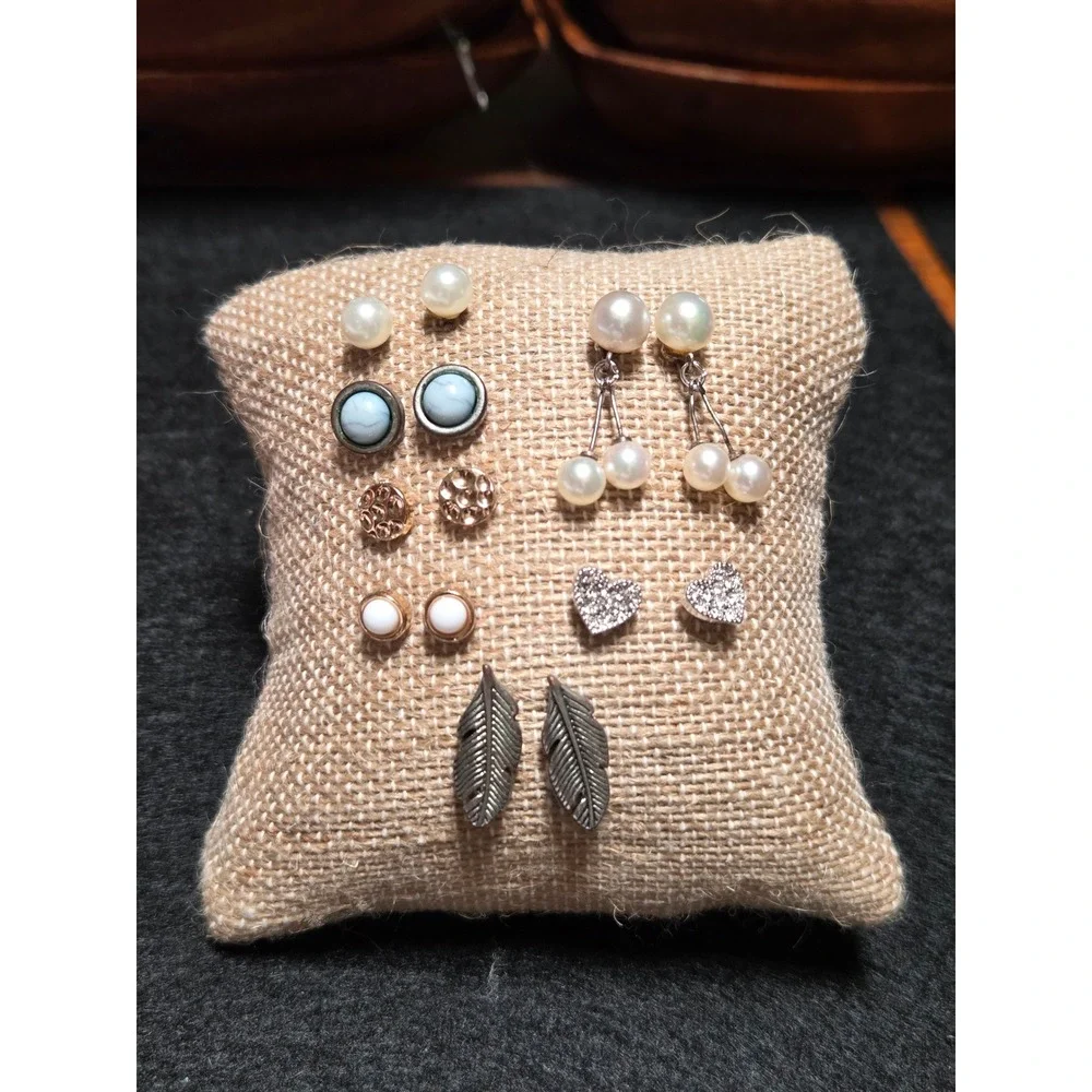 Set of 7 Earrings Pearl Studs Heart Rhinestone‎ Feather Drop Boho Jewelry Lot